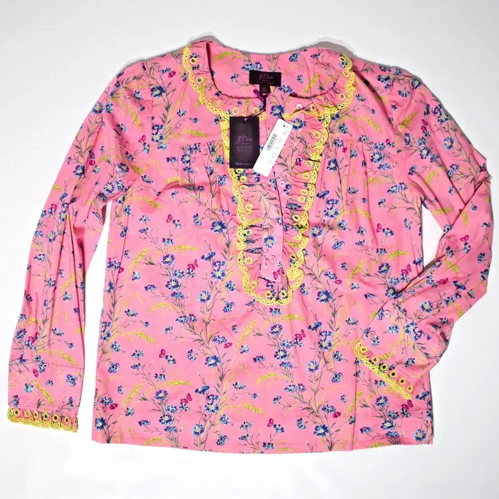 NWT J. Crew Pink Ruffle Blouse Wheat Bouquet Floral Cottage Print Women XS (B4)